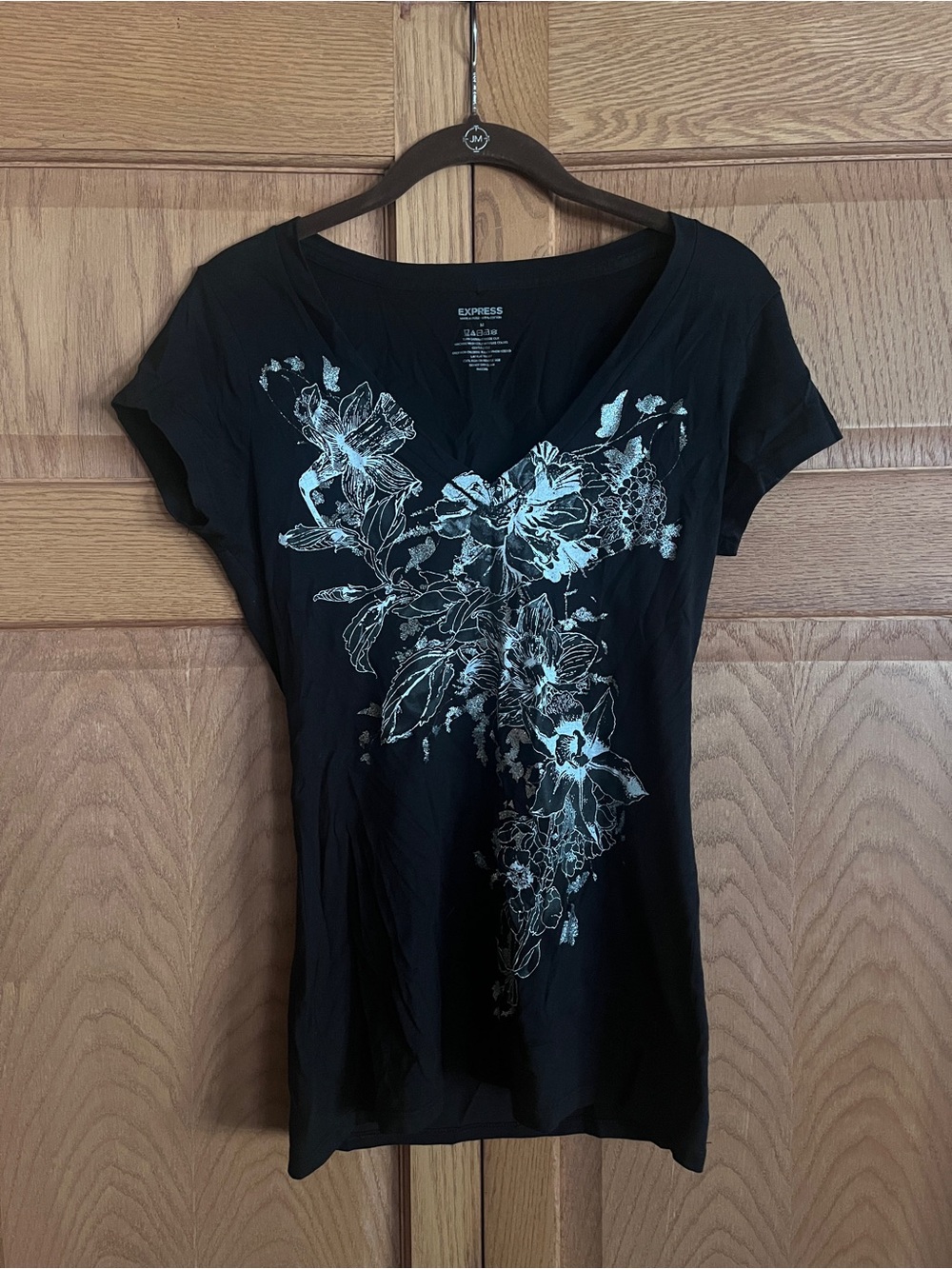 Express Black V-Neck Tee with Silver Floral Print